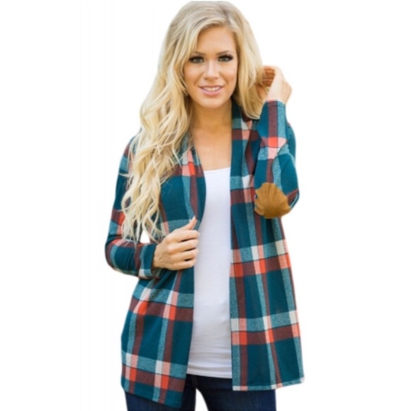 🍁HP🍁1 Left: Small•Teal Plaid Cardigan with elbow patches - Picture 3 of 7